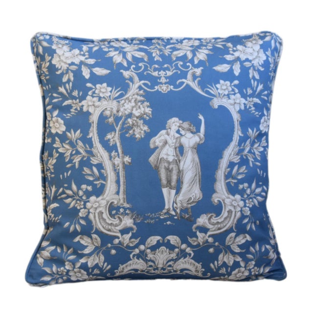 2020s French Country Romantic Blue & White Toile Feather/Down Pillow For Sale - Image 5 of 5
