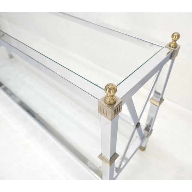 Two Tier Glass Shelves Chrome & Brass Rectangle 60" Long Italian Console Table For Sale - Image 6 of 14
