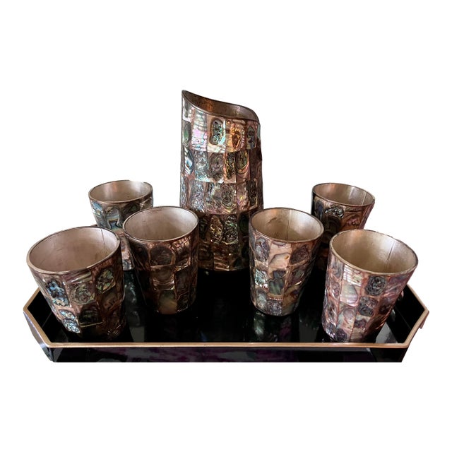 Vintage Brass and Abalone Pitcher & Gasses Set From Mexico- 7 Pieces For Sale