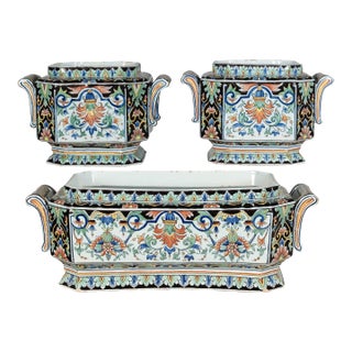 19th Century French Desvres Jardinière and Cachepot Set of 3 For Sale