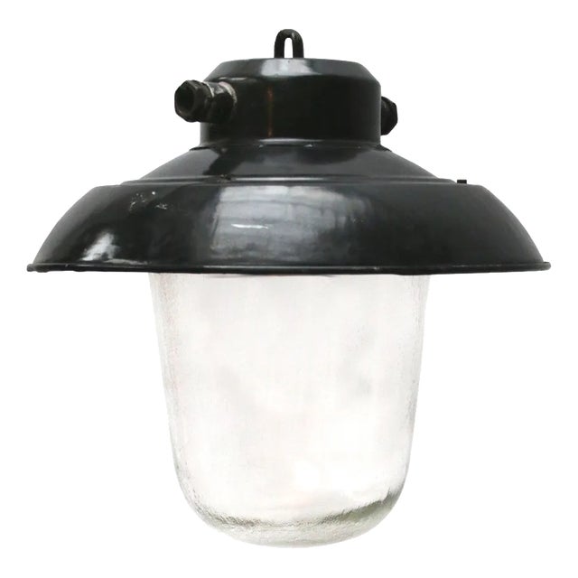 Industrial Black Enamel & Clear Glass Pendant Lights For Sale
