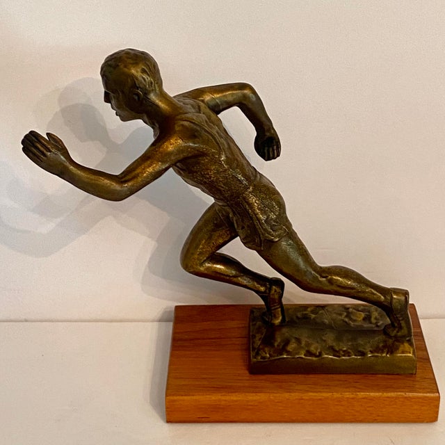 Wood Art Deco Style 1950s Bronze Track and Field Runner Trophy For Sale - Image 7 of 16