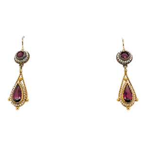 Victorian Style 14k Gold Almandine Garnet & Seed Pearl Pierced Earrings