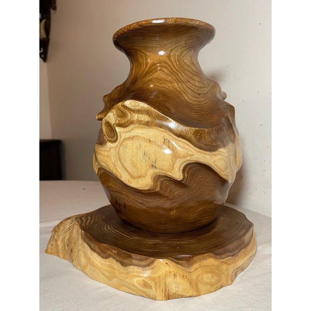 Brown Modern Handmade Turned High Gloss Wood Vase Sculpture With Matching Base For Sale - Image 8 of 12
