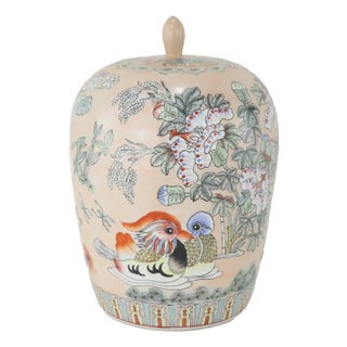 Vintage Hand-Painted Porcelain Ginger Jar With Mandarin Ducks and Floral Motif For Sale