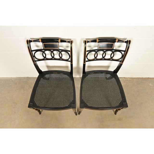 Baker Furniture Historic Charleston Regency Ebonized and Gold Gilt Side Chairs or Dining Chairs, Pair For Sale In South Bend - Image 6 of 17