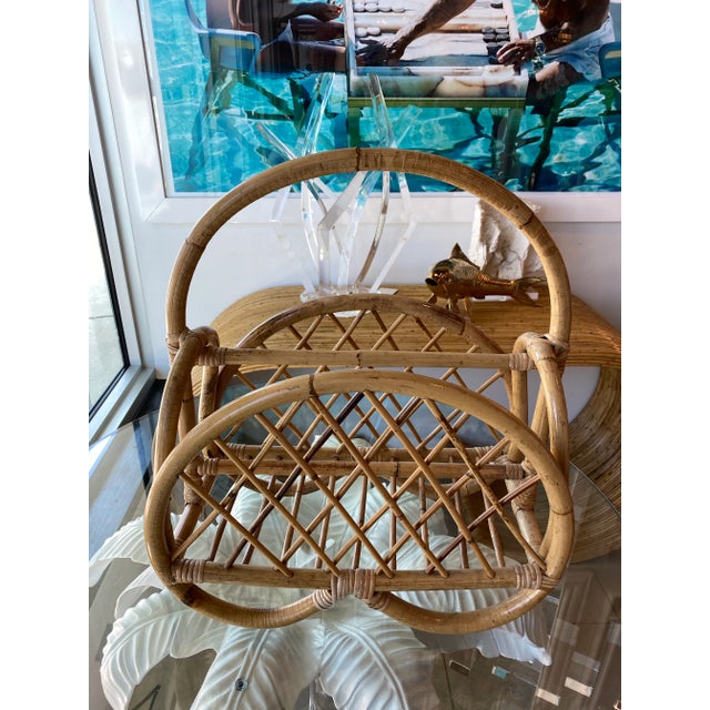 Lovely vintage pretzel rattan and bamboo magazine rack holder.
