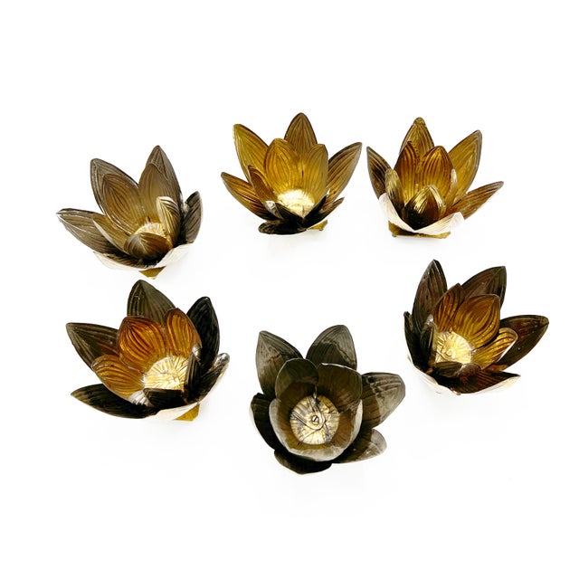 Vintage Mid Century Solid Brass Lotus Flower Candle Holders 6 Pieces