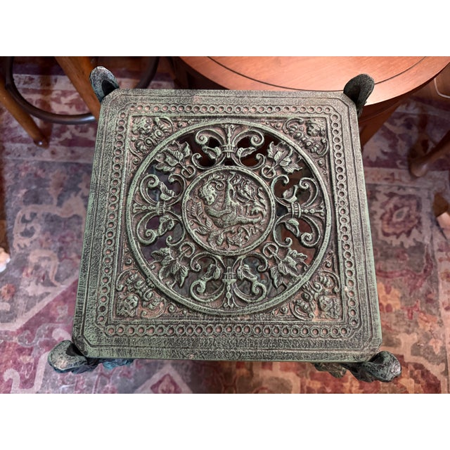 1970s Vintage Aluminum Figural Leg Verdigris Two Tier Plant Stand For Sale - Image 5 of 5
