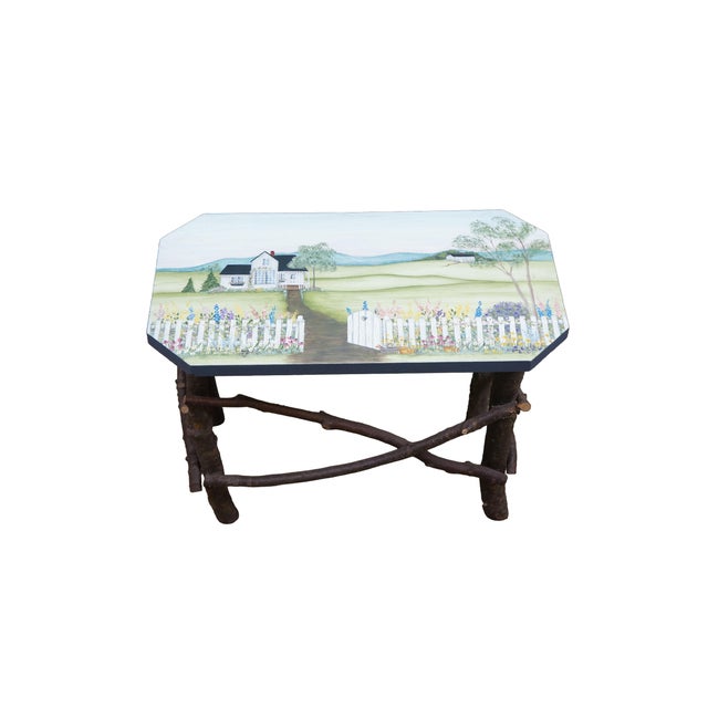 Farmhouse Late 20th Century Adirondack Rustic Twig Log Country Farmhouse Bench Stool Coffee Table 20" For Sale - Image 3 of 15