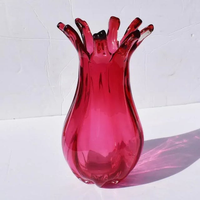 Mid 20th Century Tall Red Italian Abstract Modernist Faceted Red Berry Color Murano Glass Vase For Sale - Image 5 of 7
