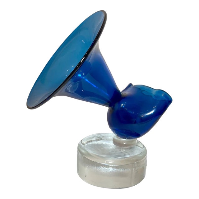 Vintage 1969 Unique Hand Blown Gest Art Studio Blue Glass Sculpture Vase Trumpet For Sale