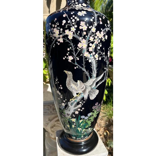 Late 19th Century Huge Meiji Japanese Cloisonné Black Ground Bird & Blossom Tall Table Lamp 40" For Sale - Image 9 of 18