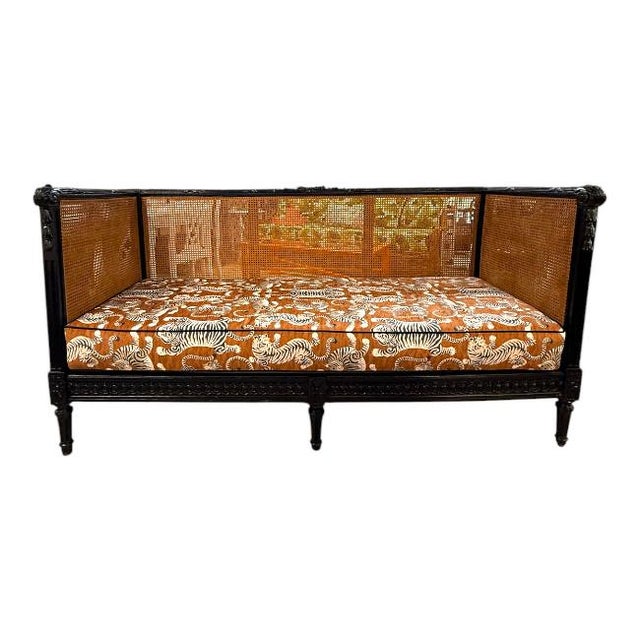 Mid 20th Century Vintage Black High-Gloss Lacquer Double-Caned Daybed With Custom Tiger Upholstery For Sale - Image 5 of 16