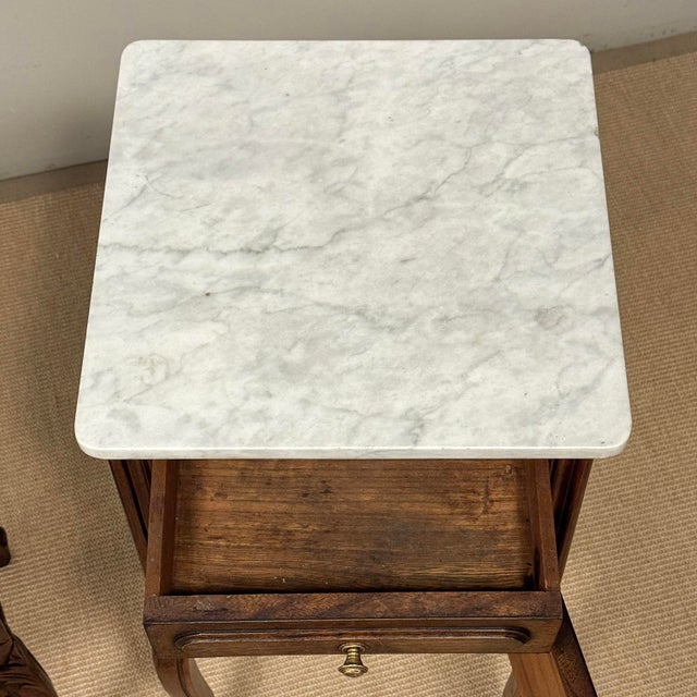 Pair of Antique French Louis XV Oak Nightstands With Carrara Marble For Sale - Image 17 of 18