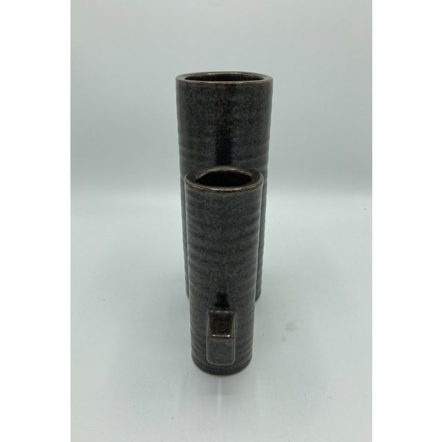 Japanese Vintage Double Cylinder Ceramic Japanese Ikebana Vase 7 1/4" Tall For Sale - Image 3 of 7