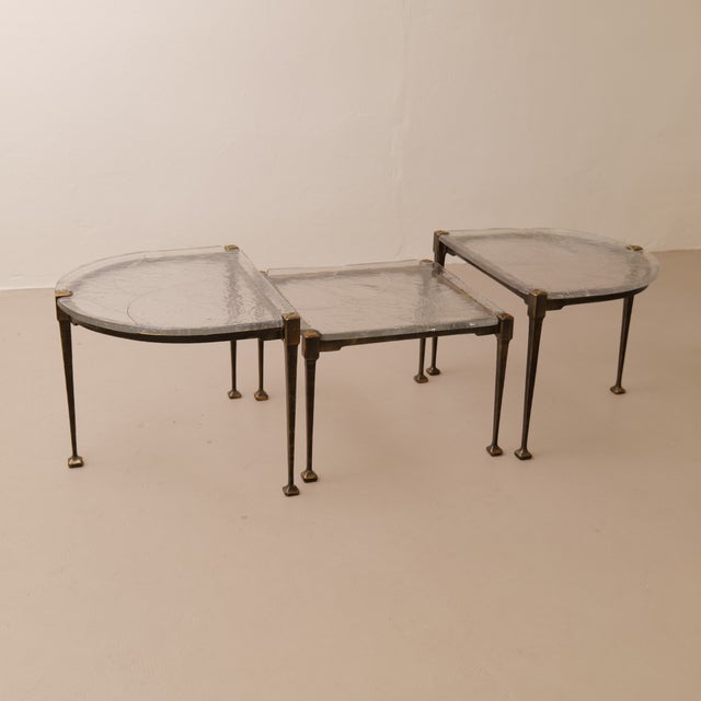 Brutalist Wrought Bronze and Crystal Glass Coffee Table by Lothar Klute, 2001, Set of 3 For Sale - Image 11 of 12