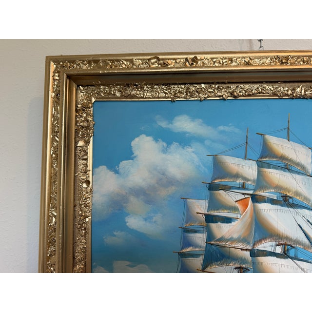 Textile K.Dossi Original Sailing Ship Oil Painting, Nautical Seascape Unique Shell Decor For Sale - Image 7 of 11