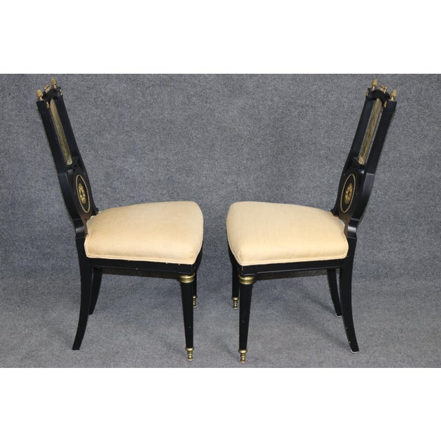 Maison Jansen 20th C. Set 12 Jansen Ebonized Louis XVI Style Lyre Back Dining Chairs For Sale - Image 4 of 17