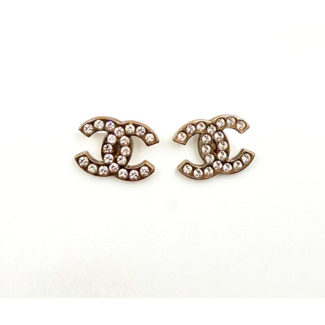 Chanel Chanel Vintage Gold CC Pale Pink Crystal Piercing Earrings, A Pair For Sale - Image 4 of 4
