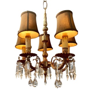 1950s Petite Vintage Cast Brass Five Light Chandelier With Silk Shades For Sale