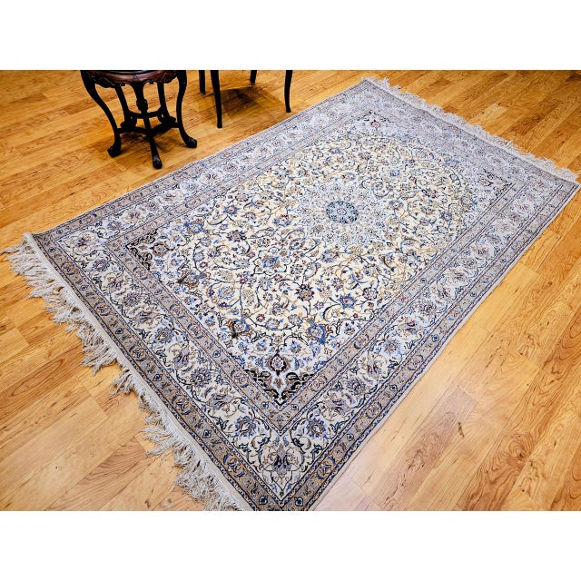 Vintage Persian Nain Area Rug, Hand-Knotted Wool & Silk, Floral Pattern, 5x7, Ivory & Blue For Sale - Image 4 of 16