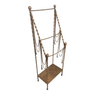 Vintage Regency Style Italian Gilt Towel Rack With Twisted Rope Swags & Tassels For Sale