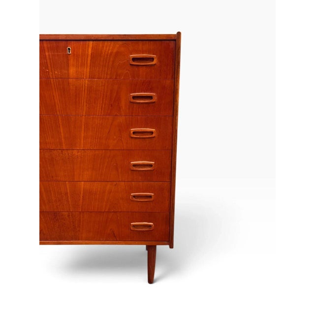 Brown Mid-Century Danish Modern Teak Tallboy Dresser | Six Drawers With Carved Oval Pulls For Sale - Image 8 of 11