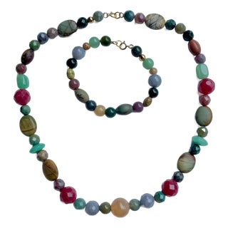 Semi-Precious Polished Gemstone Bead Necklace & Bracelet Set 14k Gold Filled C. 1970s, 2 Pieces For Sale