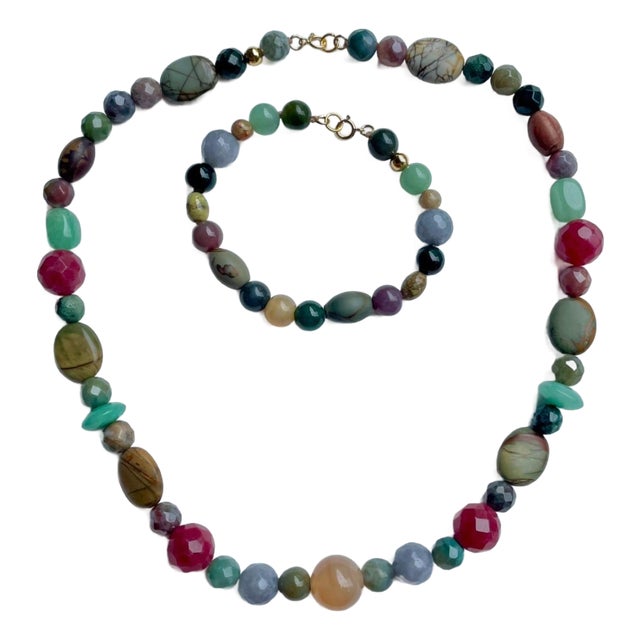 Semi-Precious Polished Gemstone Bead Necklace & Bracelet Set 14k Gold Filled C. 1970s, 2 Pieces For Sale