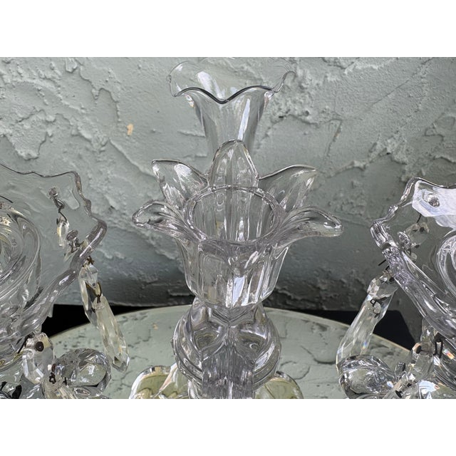 Vintage Cambridge Glass Crystal Epergne Candelabra With Hanging Prisms and Oval Mirror Display Base For Sale - Image 9 of 12