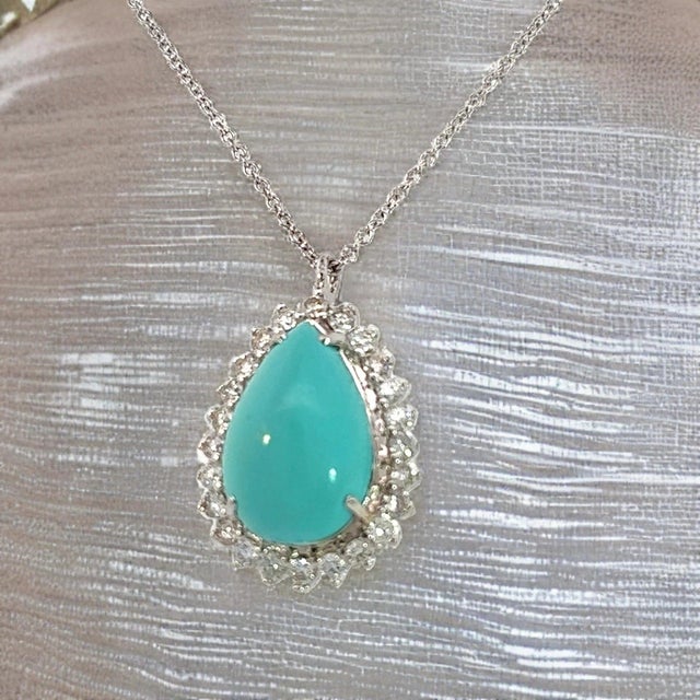 Blue Persian Turquoise Diamond Pendant With Chain 17" 14k WG 9.9 TCW Certified For Sale - Image 8 of 18