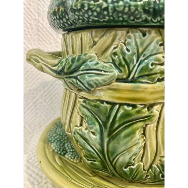 Green Vintage Portuguese Majolica Broccoli Tureen With Original Ladle & Underplate For Sale - Image 8 of 14