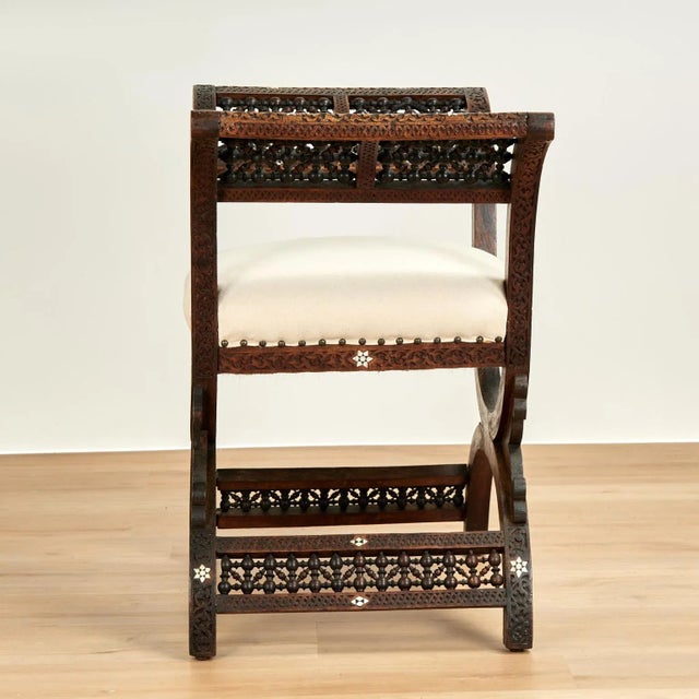 Early 20th Century Antique Moroccan Inlaid and Carved Bench For Sale - Image 5 of 15