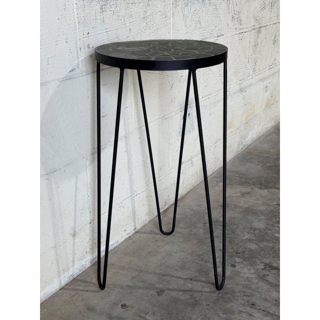 Black Stone Mosaic Top Plant Pedestal With Metal Hairpin Legs Vintage 1970s For Sale - Image 10 of 10