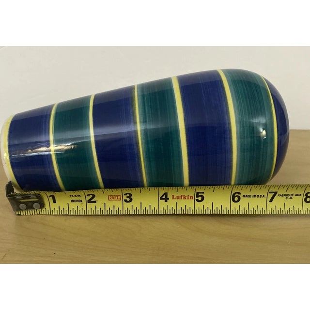 1990s Vintage MCM Ceramic Portugal Handpainted 8” Tall Blue Green Yellow Stamped Vase For Sale - Image 5 of 5