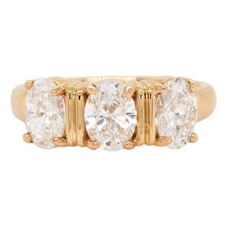 Three Lab-Created Diamond Ring in Solid 14k Yellow Gold | Oval Shape 7x5mm, Size 6.75 For Sale
