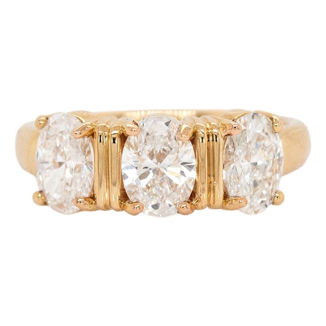 Three Lab-Created Diamond Ring in Solid 14k Yellow Gold | Oval Shape 7x5mm, Size 6.75 For Sale