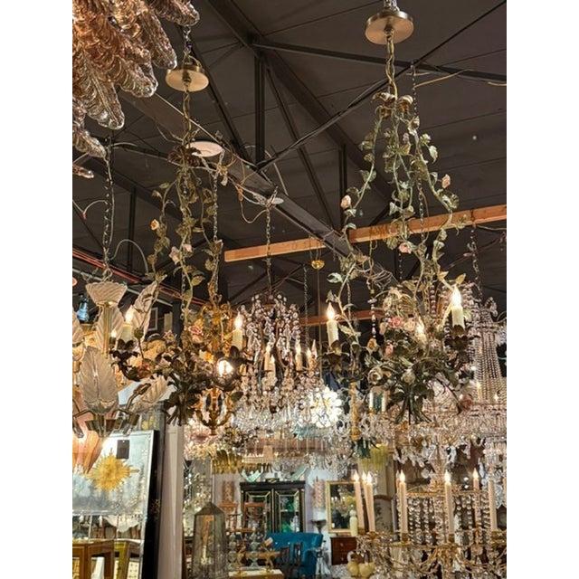 French Antique Iron and Porcelain Flower Chandeliers For Sale - Image 4 of 9