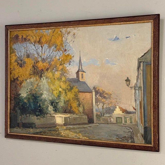 Antique Framed Oil Painting on Canvas by Victor Fermans 'Autumn Village Scene' For Sale - Image 4 of 16