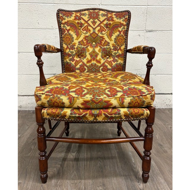 This is a gorgeous vintage Barnard & Simonds Co. Louis XIII style upholstered armchair dating to the 1960s. Crafted in...