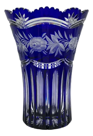 Art Nouveau Crystal Vase in Cobalt Blue with Floral Engraving from Lausitz