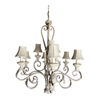 1990s Fine Art Lamps Metal and Stone Chandelier With Silk Lampshades For Sale