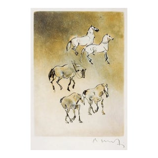 Late 20th Century Kaiko Moti Horses in Umber Gray Aquatint Etching For Sale