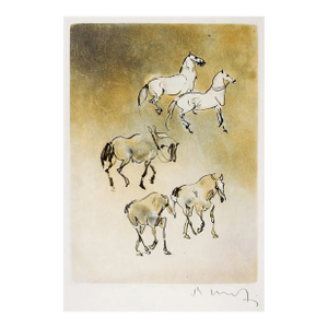 Late 20th Century Kaiko Moti Horses in Umber Gray Aquatint Etching