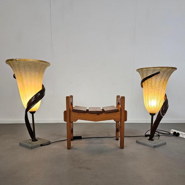 Large Jugendstil Floor Lamps with Stone Base and Italian Glass Shade from Roberto Galli, Set of 2 For Sale - Image 15 of 18