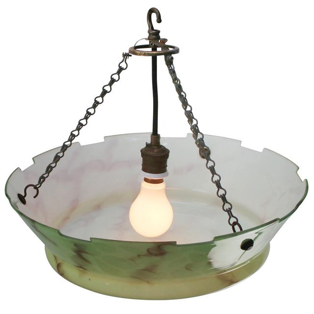 1920s Art Deco Pendant Lamp in Brass and Green Glass, France, 1920s For Sale - Image 5 of 8