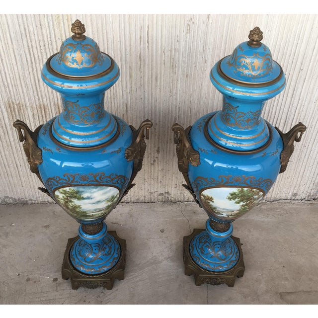 French Pair of Large Antiques French Ormolu-Mounted & Painted Pair of Sèvres Porcelain For Sale - Image 3 of 18