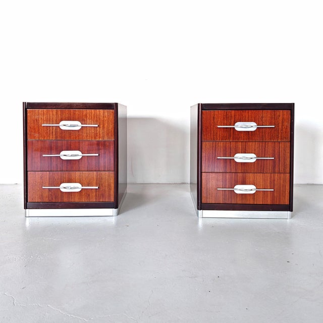 Vintage Walnut Bedside Tables with Metal Inserts, Italy, 1970s, Set of 2, in Very Good conditions. Designed 1970 to 1979