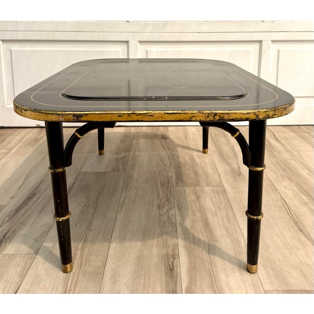 Wood Chinoiserie English Faux Bamboo Black Lacquer & Gilt Coffee Table, Signed Zoltowski For Sale - Image 7 of 15